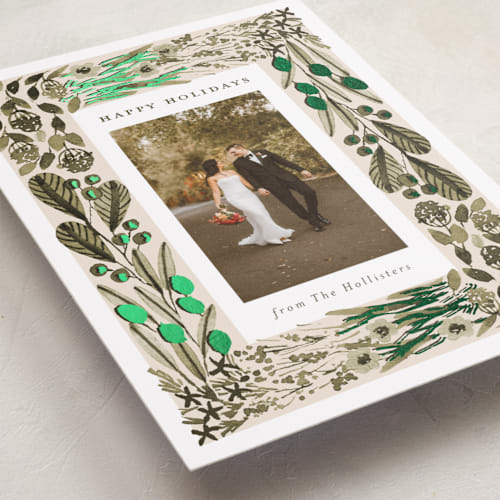 This is a olive foil pressed holiday cards with foil pressed by Meagan Christensen called abundance printing on recycled smooth signature in standard