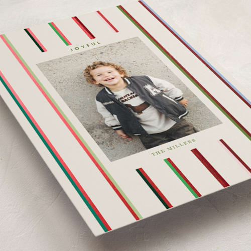 This is a champagne foil pressed holiday cards with foil pressed by Baumbirdy called colorful stripes printing on recycled smooth signature in standard