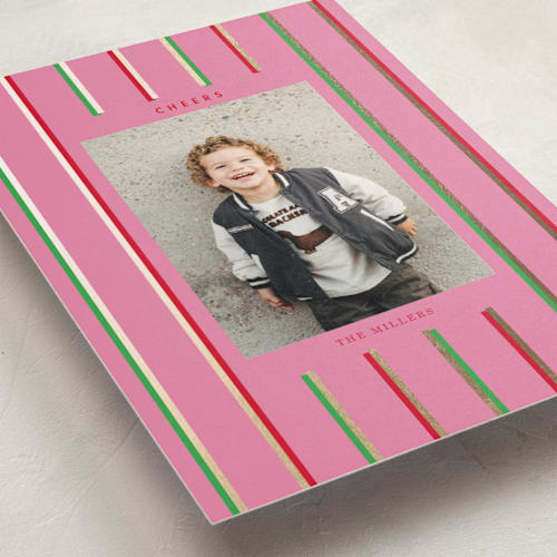 This is a peony foil pressed holiday cards with foil pressed by Baumbirdy called colorful stripes printing on recycled smooth signature in standard