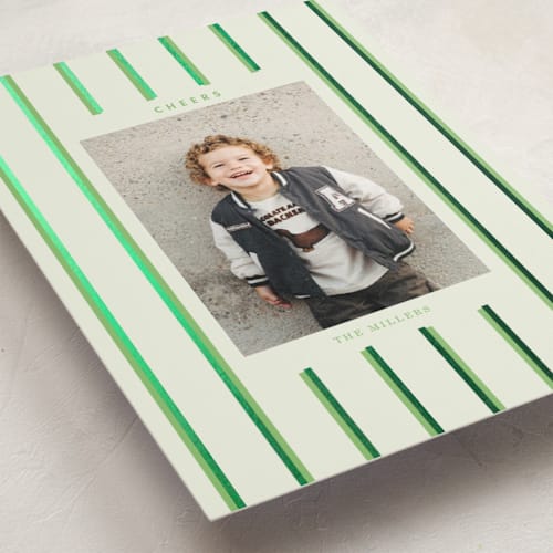 This is a mint foil pressed holiday cards with foil pressed by Baumbirdy called colorful stripes printing on recycled smooth signature in standard