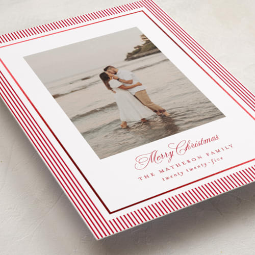 This is a berry foil pressed holiday cards with foil pressed by Kelly Schmidt called striped elegance printing on recycled smooth signature in standard