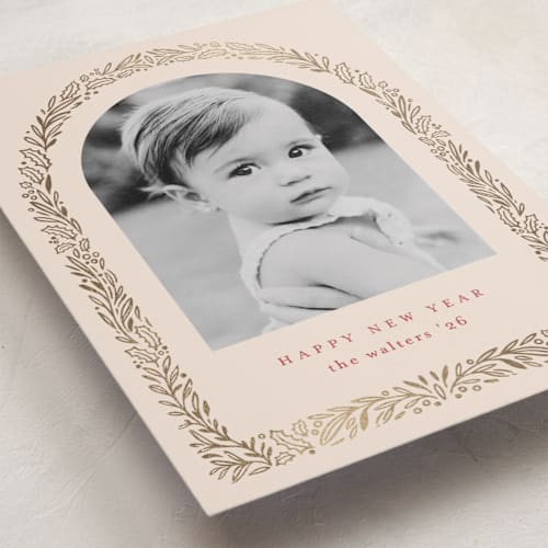 This is a eggnog foil pressed holiday cards with foil pressed by Mansi Verma called gilded florals printing on recycled smooth signature in standard