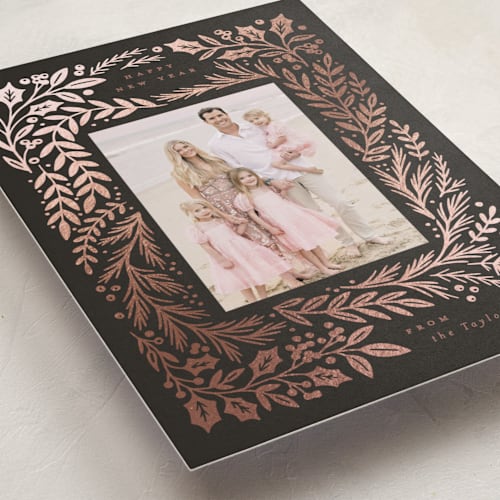 This is a licorice foil pressed holiday cards with foil pressed by Alethea and Ruth called gilded forest printing on recycled smooth signature in standard