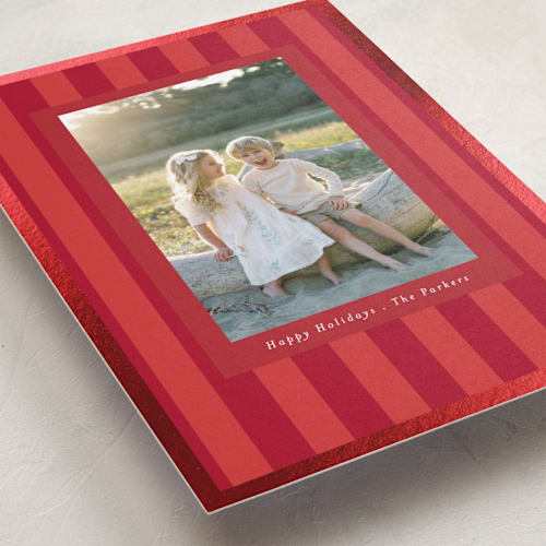 This is a poinsettia foil pressed holiday cards with foil pressed by Angela Thompson called linen stripes printing on recycled smooth signature in standard
