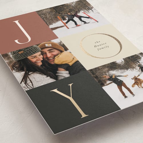 This is a rust foil pressed holiday cards with foil pressed by Nicoletta Savod called joyful trio printing on recycled smooth signature in standard