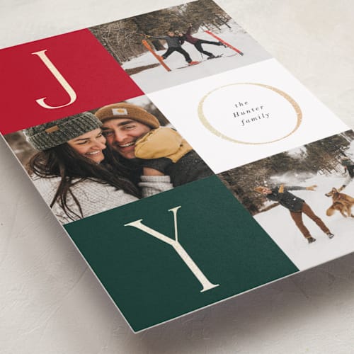 This is a classic foil pressed holiday cards with foil pressed by Nicoletta Savod called joyful trio printing on recycled smooth signature in standard