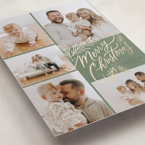 This is a forest foil pressed holiday cards with foil pressed by Wildfield Paper Co called merry stack printing on recycled smooth signature in standard