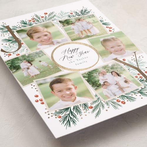This is a sweet potato foil pressed holiday cards with foil pressed by Alethea and Ruth called joy wreath snapshots printing on recycled smooth signature in standard