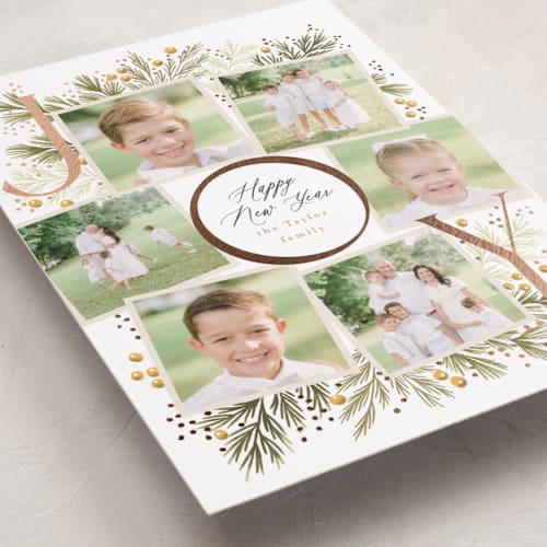 This is a lemon tart foil pressed holiday cards with foil pressed by Alethea and Ruth called joy wreath snapshots printing on recycled smooth signature in standard