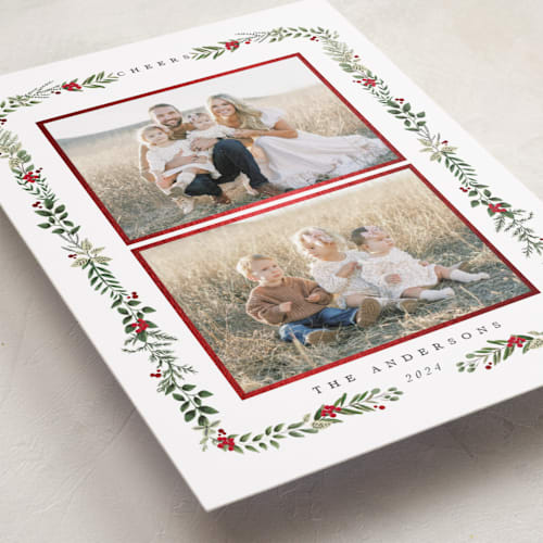 This is a crimson foil pressed holiday cards with foil pressed by Susan Moyal called peace & love printing on recycled smooth signature in standard