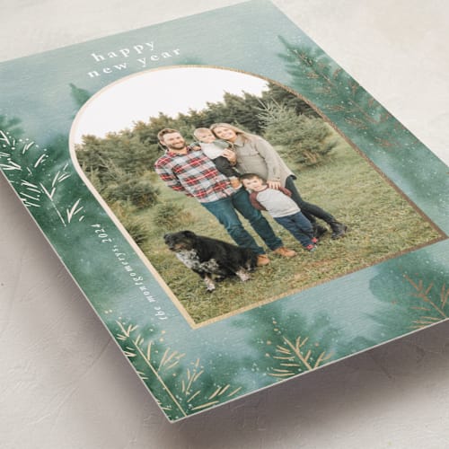This is a evergreen forest foil pressed holiday cards with foil pressed by Petra Kern called deepest forest printing on recycled smooth signature in standard