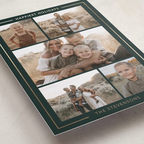 This is a evergreen foil pressed holiday cards with foil pressed by Diana Pinnell called delicate lines printing on recycled smooth signature in standard