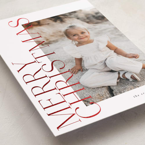 This is a snow foil pressed holiday cards with foil pressed by Carolyn Nicks called side greeting printing on recycled smooth signature in standard