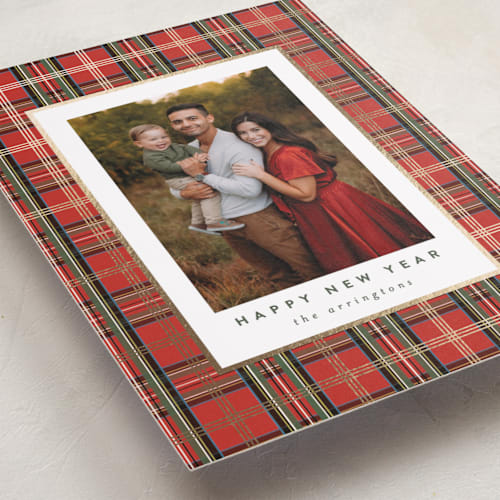 This is a bright berry foil pressed holiday cards with foil pressed by Kristie Kern called plaid shimmer printing on recycled smooth signature in standard