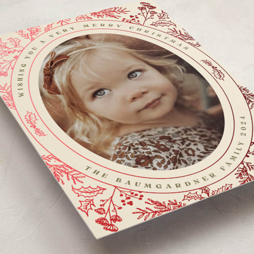 This is a eggnog foil pressed holiday cards with foil pressed by Baumbirdy called engraved floral printing on recycled smooth signature in standard