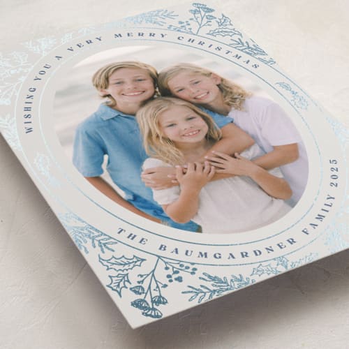 This is a frost foil pressed holiday cards with foil pressed by Baumbirdy called engraved floral printing on recycled smooth signature in standard