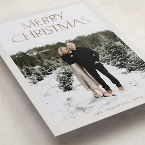 This is a mist foil pressed holiday cards with foil pressed by Nicole Walsh called merry & classic printing on recycled smooth signature in standard