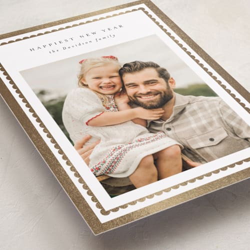 This is a snow foil pressed holiday cards with foil pressed by Jackie Crawford called tiny scallop printing on recycled smooth signature in standard