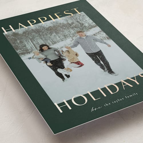 This is a evergreen foil pressed holiday cards with foil pressed by Ekko Studio called gilded greeting printing on recycled smooth signature in standard