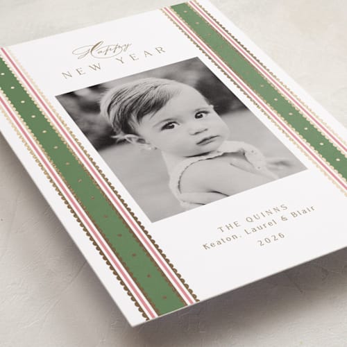 This is a wreath foil pressed holiday cards with foil pressed by Susan Zinader called swiss dot ribbon printing on recycled smooth signature in standard