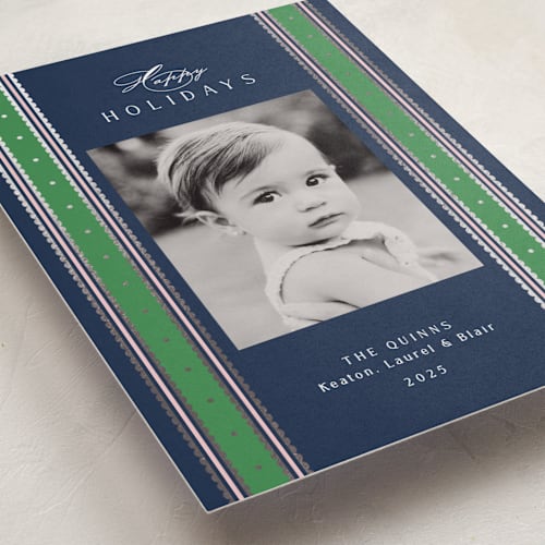 This is a preppy foil pressed holiday cards with foil pressed by Susan Zinader called swiss dot ribbon printing on recycled smooth signature in standard