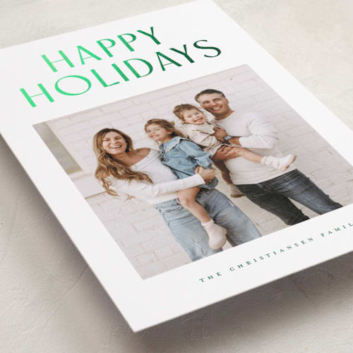 This is a evergreen foil pressed holiday cards with foil pressed by Wildfield Paper Co called slate printing on recycled smooth signature in standard