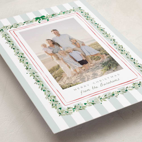 This is a winter mint foil pressed holiday cards with foil pressed by Everett Paper Goods called coastal garland printing on recycled smooth signature in standard