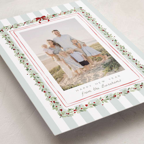 This is a winter mint foil pressed holiday cards with foil pressed by Everett Paper Goods called coastal garland printing on recycled smooth signature in standard