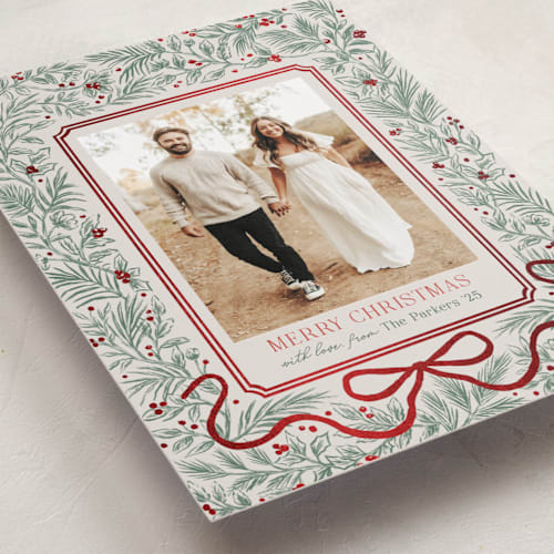 This is a pine foil pressed holiday cards with foil pressed by Elly called merry botanical printing on recycled smooth signature in standard