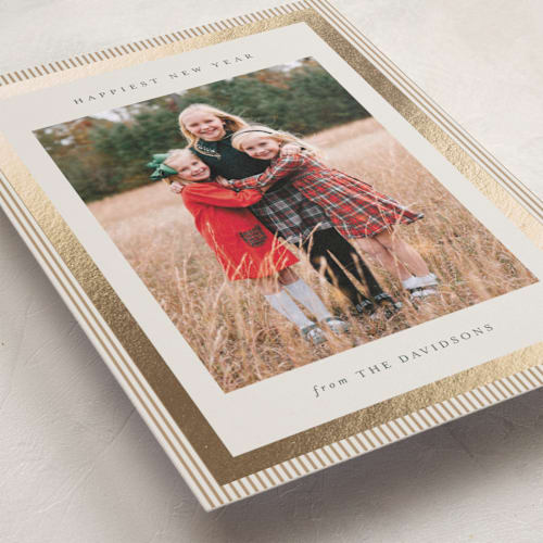 This is a forest foil pressed holiday cards with foil pressed by Jackie Crawford called modern striped frame printing on recycled smooth signature in standard