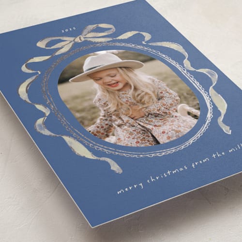 This is a harbor foil pressed holiday cards with foil pressed by Susan Zinader called whimsical bow printing on recycled smooth signature in standard