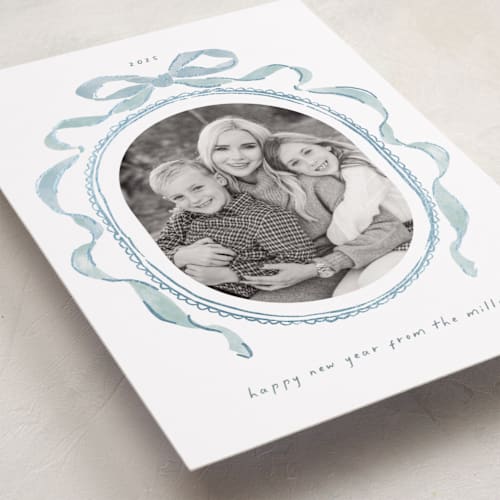 This is a jack frost foil pressed holiday cards with foil pressed by Susan Zinader called whimsical bow printing on recycled smooth signature in standard