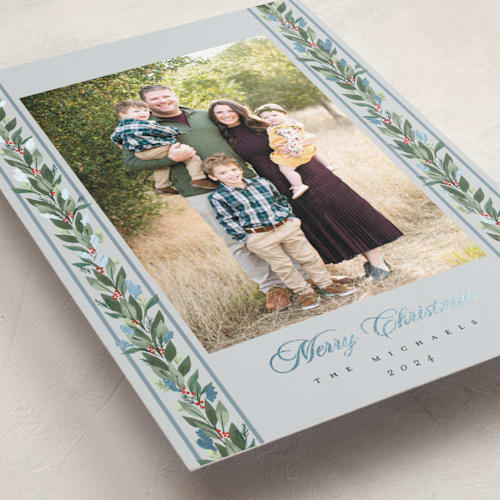 This is a winter sky foil pressed holiday cards with foil pressed by Rebecca Durflinger called evergreen garlands printing on recycled smooth signature in standard