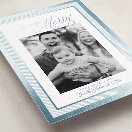 This is a frost foil pressed holiday cards with foil pressed by Alston Foster called merry striped frame printing on recycled smooth signature in standard