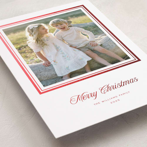 This is a santa suit foil pressed holiday cards with foil pressed by Blustery August called lauren printing on recycled smooth signature in standard