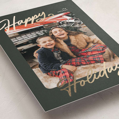 This is a olive foil pressed holiday cards with foil pressed by Pixel and Hank called the classic printing on recycled smooth signature in standard