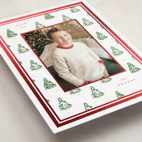 This is a candy cane foil pressed holiday cards with foil pressed by Corinne Malesic called little trees printing on recycled smooth signature in standard
