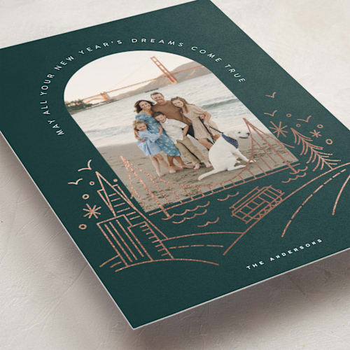 This is a pine needle foil pressed holiday cards with foil pressed by Yuliya Evseeva called happy in san francisco printing on recycled smooth signature in standard
