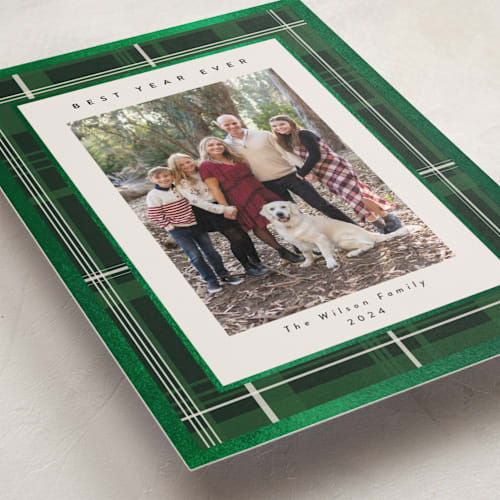 This is a pine foil pressed holiday cards with foil pressed by Susan Moyal called plaid frame printing on recycled smooth signature in standard