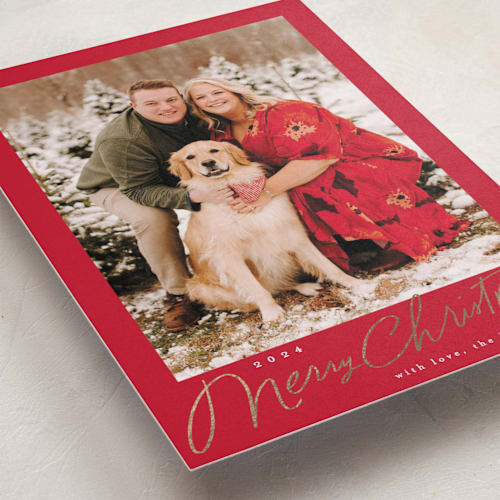 This is a santa suit foil pressed holiday cards with foil pressed by Everett Paper Goods called pencilled in printing on recycled smooth signature in standard