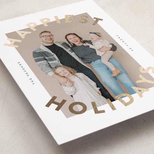 This is a santa’s workshop foil pressed holiday cards with foil pressed by Erica Krystek called the festive type printing on recycled smooth signature in standard