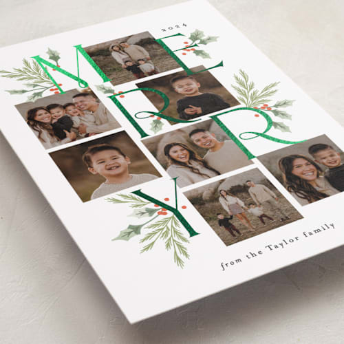 This is a tangerine foil pressed holiday cards with foil pressed by Alethea and Ruth called merry letters printing on recycled smooth signature in standard