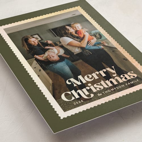 This is a pine foil pressed holiday cards with foil pressed by Robert and Stella called posted printing on recycled smooth signature in standard