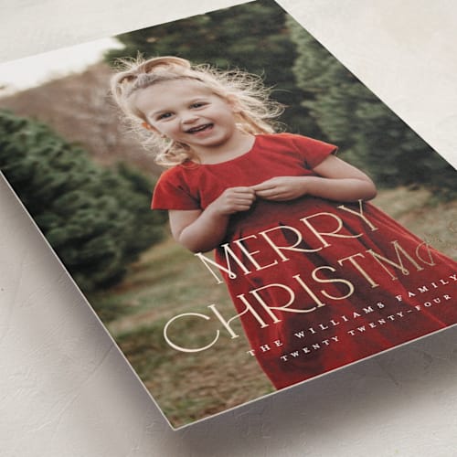 This is a snow foil pressed holiday cards with foil pressed by Wildfield Paper Co called very merry! printing on recycled smooth signature in standard