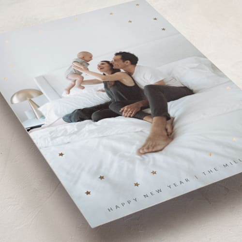 This is a ash foil pressed holiday cards with foil pressed by Sumak Studio called full of happiness printing on recycled smooth signature in standard