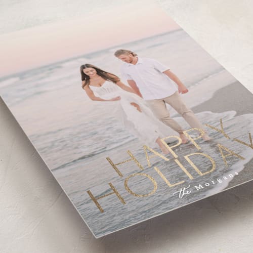 This is a snow foil pressed holiday cards with foil pressed by Angela Thompson called gilded holidays printing on recycled smooth signature in standard