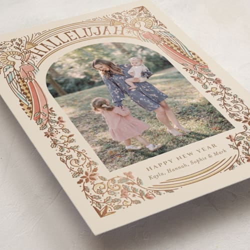 This is a sandy foil pressed holiday cards with foil pressed by Becky Nimoy called angels arch printing on recycled smooth signature in standard