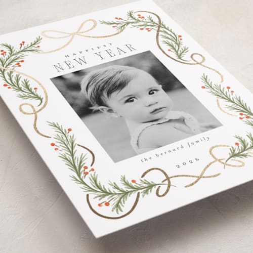 This is a snow foil pressed holiday cards with foil pressed by Laura Hankins called curling ribbon printing on recycled smooth signature in standard