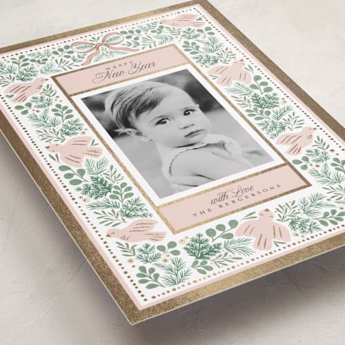 This is a petal foil pressed holiday cards with foil pressed by Itsy Belle Studio called peace doves printing on recycled smooth signature in standard