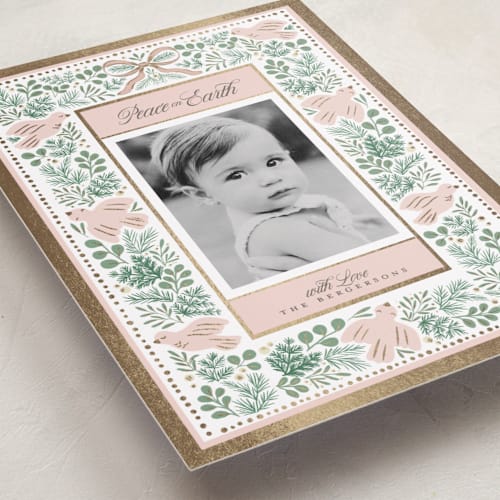 This is a petal foil pressed holiday cards with foil pressed by Itsy Belle Studio called peace doves printing on recycled smooth signature in standard